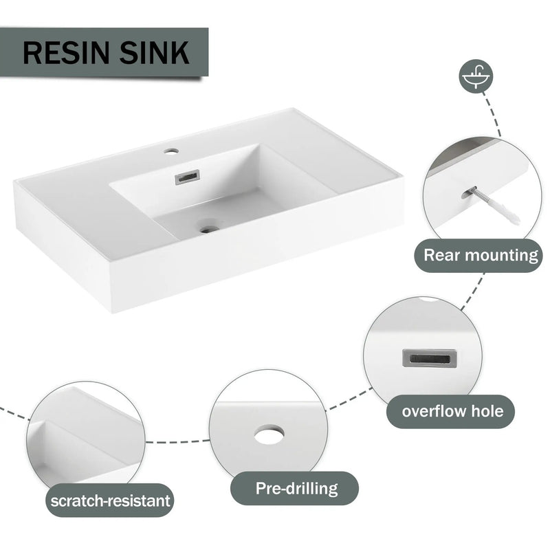 Modern Wall Mounted 30 Inch Bathroom Vanity With Resin Sink And 2 Side Cabinet In Imitative - Imitative Oak by HouseOfZazla