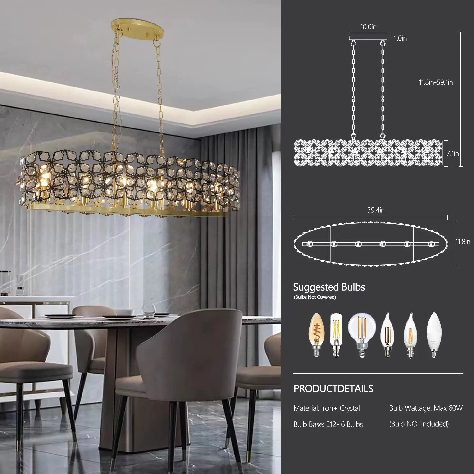 39" Contemporary Crystal and Black-Gold Pendant Chandelier by HouseOfZazla