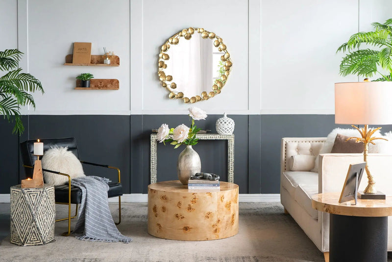 Round Metal Wall Mirror With en Leaf Accents, Modern Decor Mirror For Living Room Entryway Hallway - Gold by HouseOfZazla