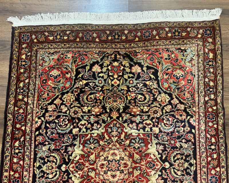 Antique Persian Sarouk Rug 4x5, Dark Blue and Red, Floral Medallion, Fine by Jewel Rugs