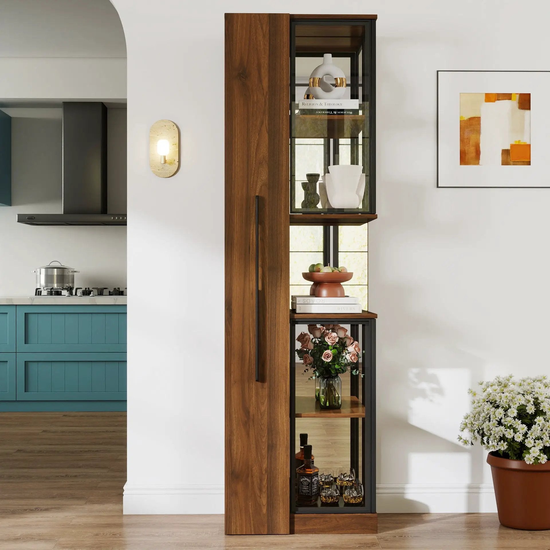 70" Display Cabinet with Glass Doors and Lights, Multi-Tier Storage by HouseOfZazla