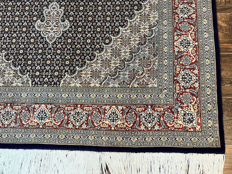 Persian Tabriz Rug 5x7, Wool with Silk Highlights, Hand Knotted Vintage Oriental Carpet, Very Fine, Herati Mahi Pattern, Black, Rare by Jewel Rugs