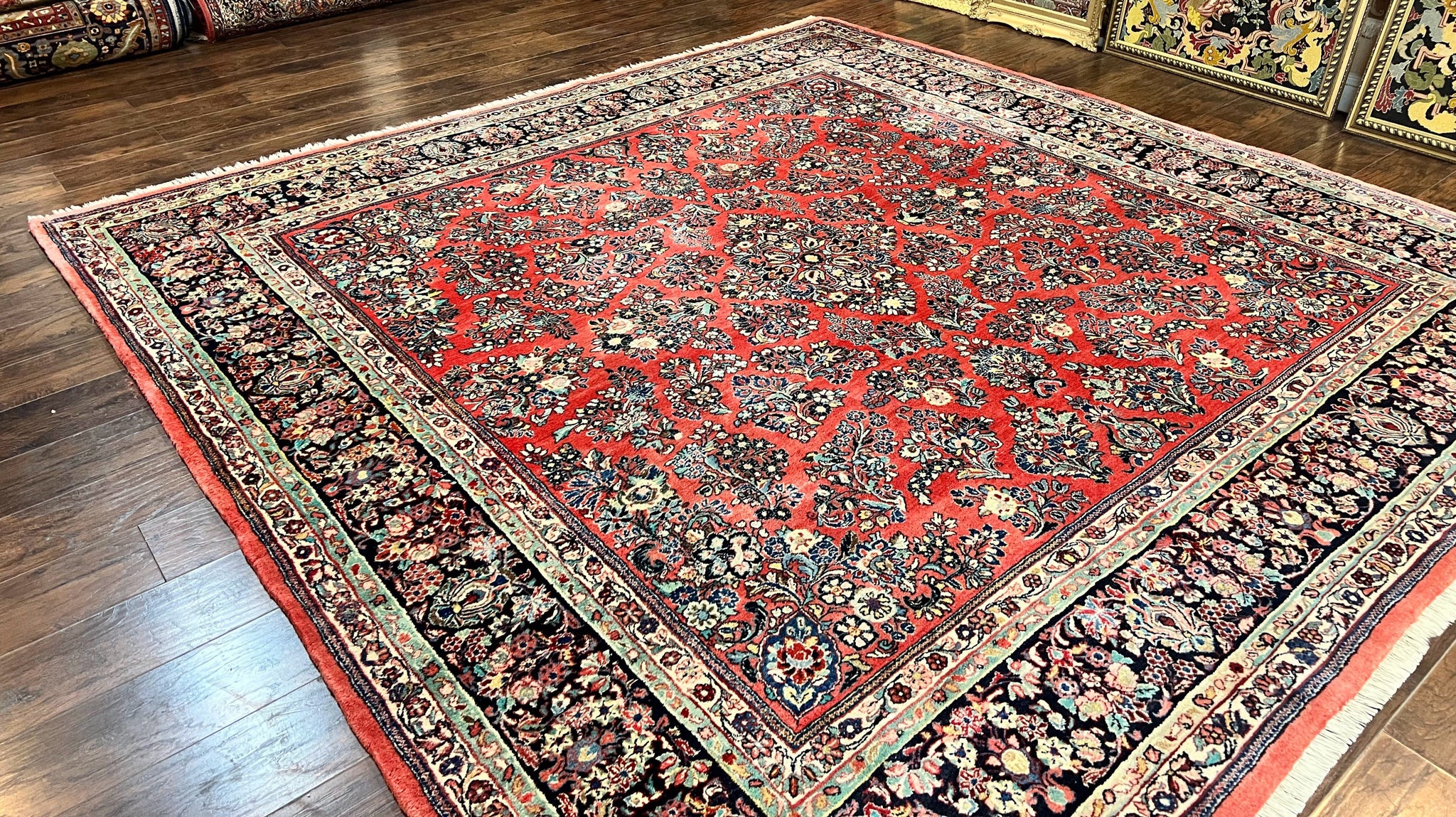 Square Persian Sarouk Rug 11x11 ft, Rare Size, Hand Knotted Wool Floral Allover Red Persian Carpet, Handmade Antique Rug by Jewel Rugs