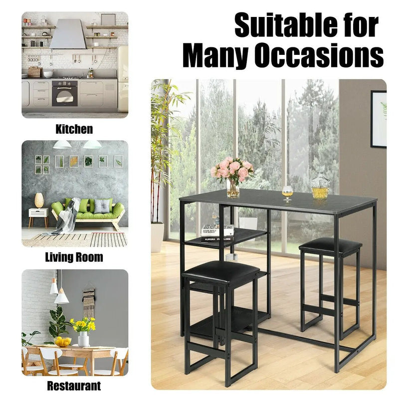 3 pcs Dining Set with Faux Marble Top Table and 2 Stools-Black by DirectDeals