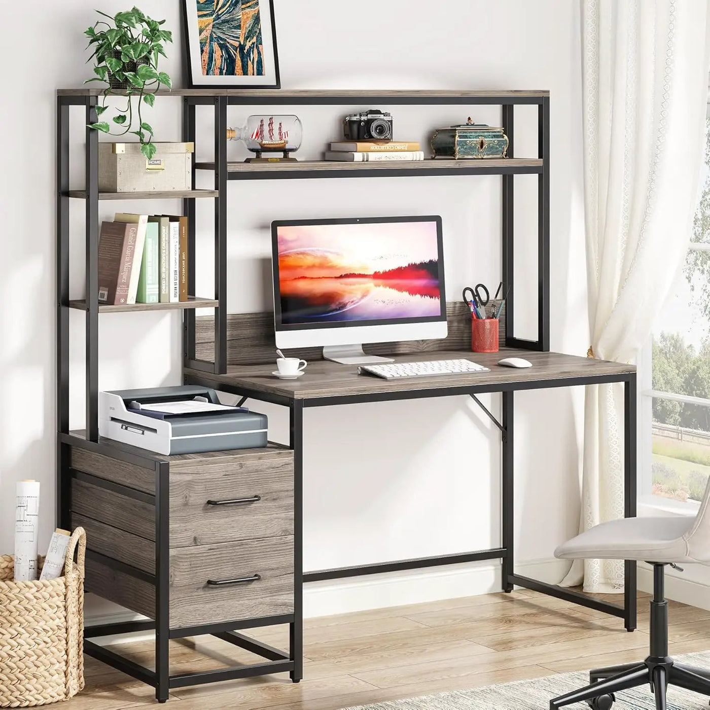 Computer Desk With Hutch, 2 Drawers & Open Shelves by HouseOfZazla