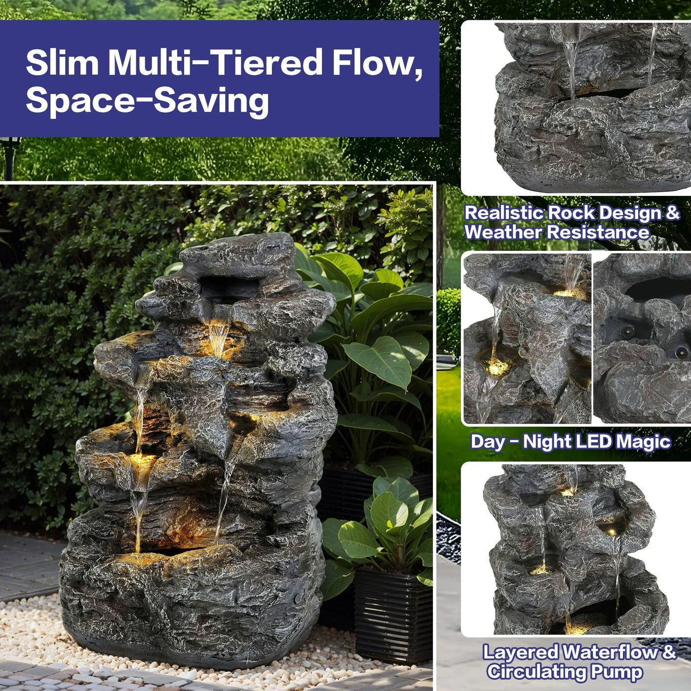 Concrete Rock Waterfall Fountain with LED Lights by HouseOfZazla