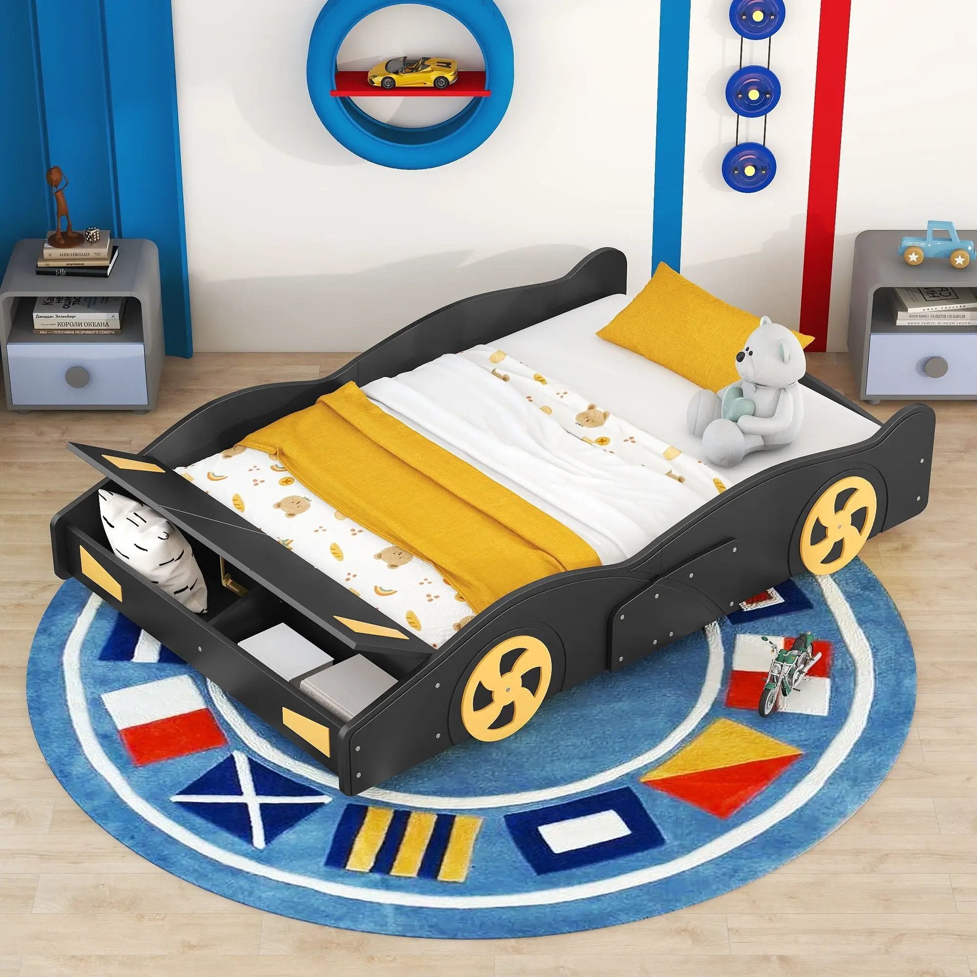 Race Car Shaped Platform Bed With Wheels And Storage by HouseOfZazla