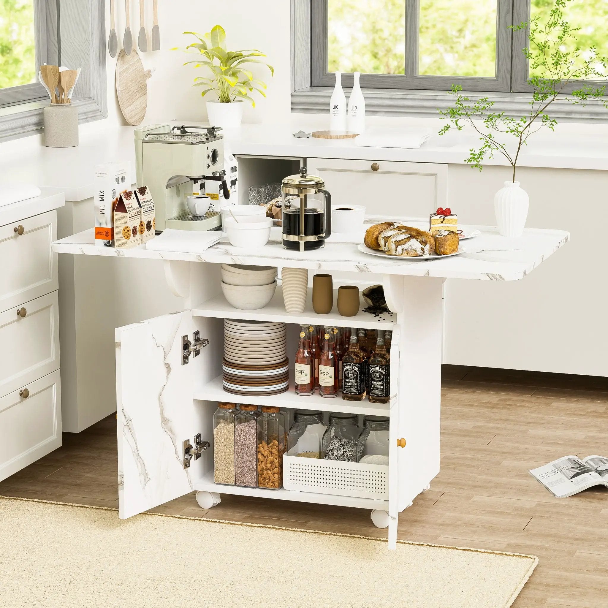 Versatile Marble Folding Dining Table With Storage Rack And Cabinet, 6 Wheels - White by HouseOfZazla