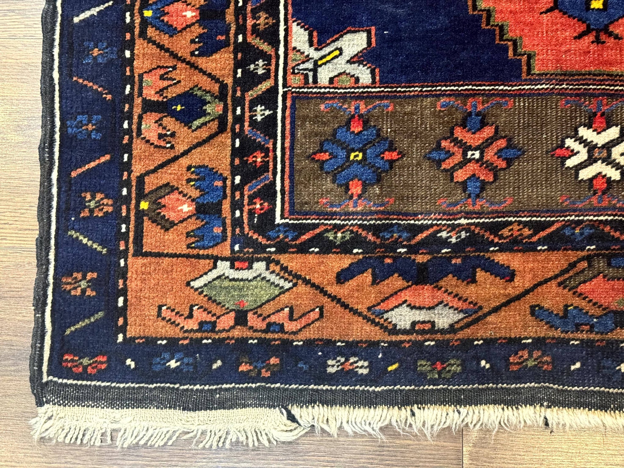 Persian Rug 3x6, Geometric Medallion, Village Tribal Rug, Terracotta and Navy Blue, Antique Nahavand Hamadan Rug by Jewel Rugs