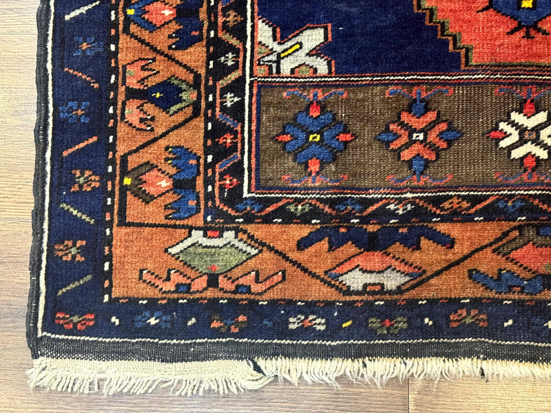 Persian Rug 3x6, Geometric Medallion, Village Tribal Rug, Terracotta and Navy Blue, Antique Nahavand Hamadan Rug by Jewel Rugs