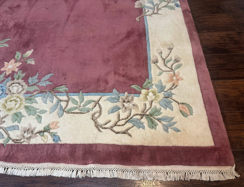 Indo Chinese Art Deco Rug 9x12, Pink and Ivory, Open Filed, Floral, Wool by Jewel Rugs