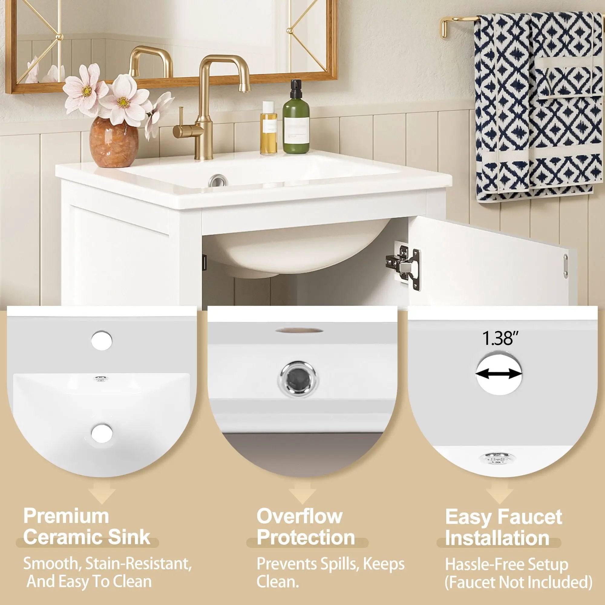 Bathroom Vanity With Ceramic Sink, Soft Close Drawers, Door Organizer, Divider Drawer, Adjustable Foot Pads by HouseOfZazla