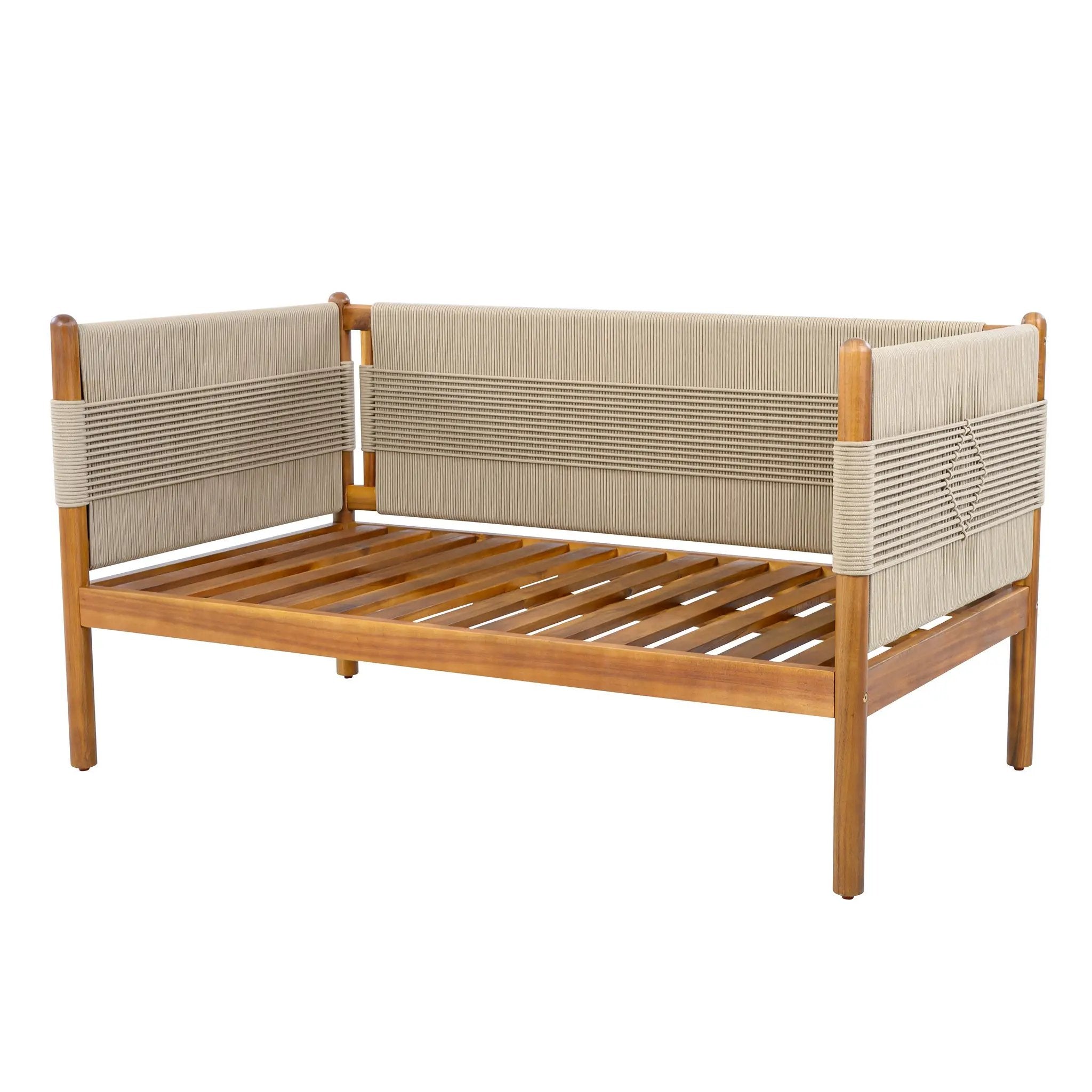 Outdoor Acacia Wood Loveseat with Diamond Rope Weave & Cushions, Teak Finish by HouseOfZazla