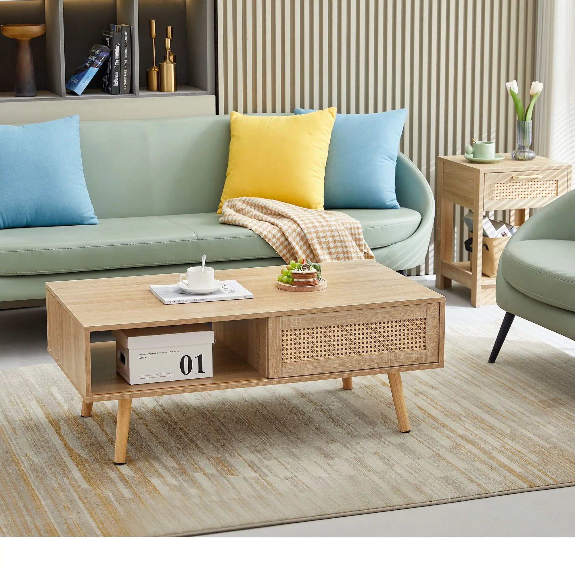 41.34" Rattan Coffee Table, Sliding Door For Storage, Solid Wood Legs, Modern Table For Living Room by Unique Piece Furniture