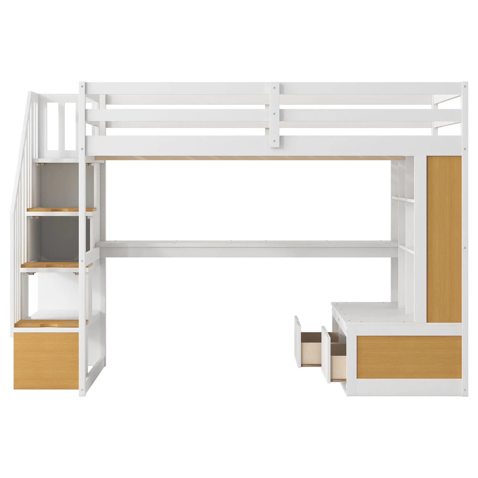 Full Size Loft Bed With Desk And Shelves, 2 Built In Drawers, Storage Staircase - Natural / White by Unique Piece Furniture