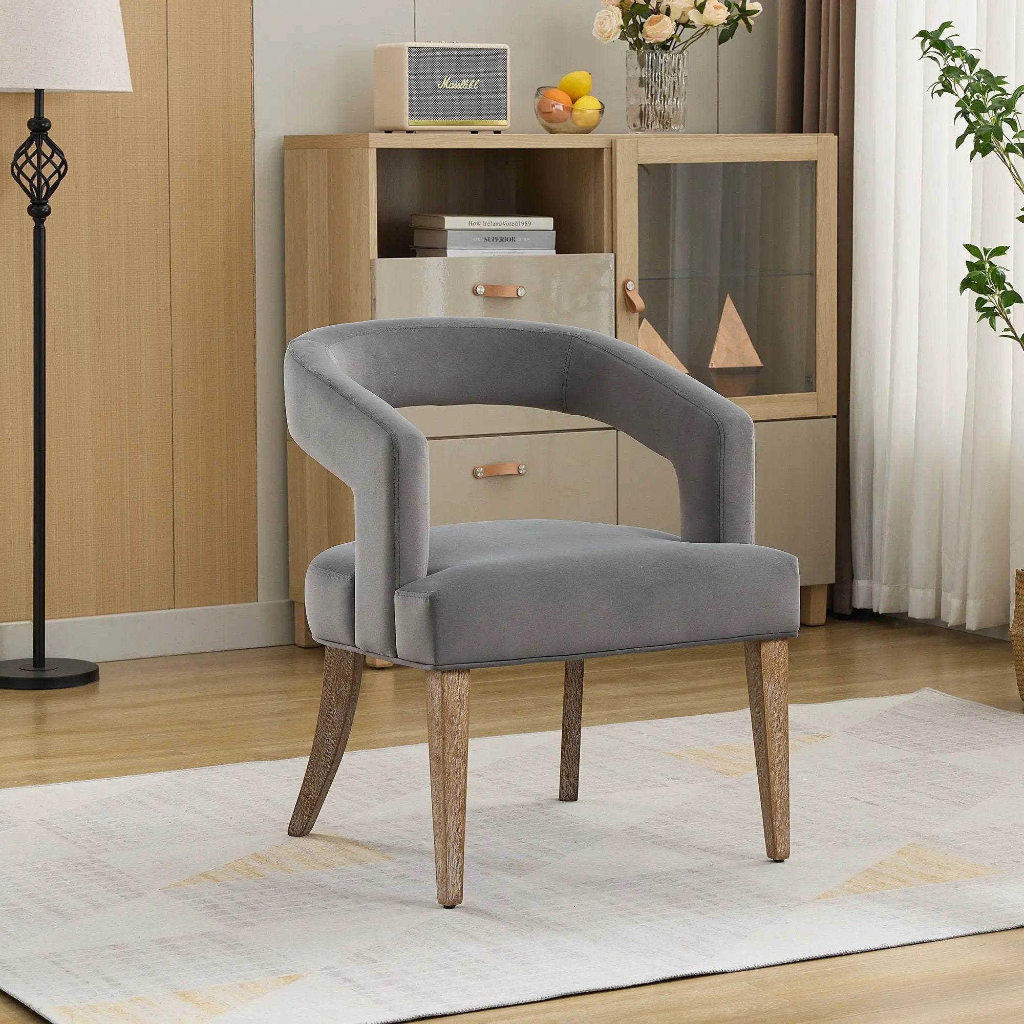 Wide Modern Barrel Open Back Upholstered Accent Chair With Weathered Solid Wood Legs by Unique Piece Furniture