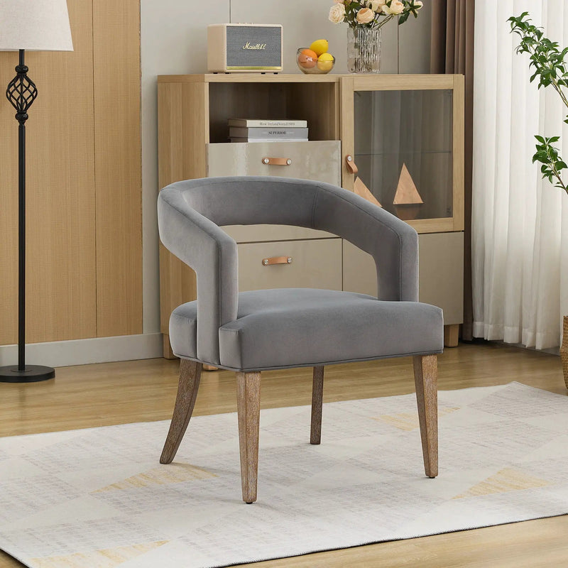 Wide Modern Barrel Open Back Upholstered Accent Chair With Weathered Solid Wood Legs by Unique Piece Furniture