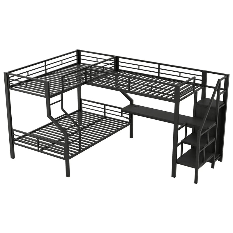Twin Over Full L Shaped Bunk & Loft Bed With Built-In Wardrobe, Desk, And USB Ports - Black by HouseOfZazla