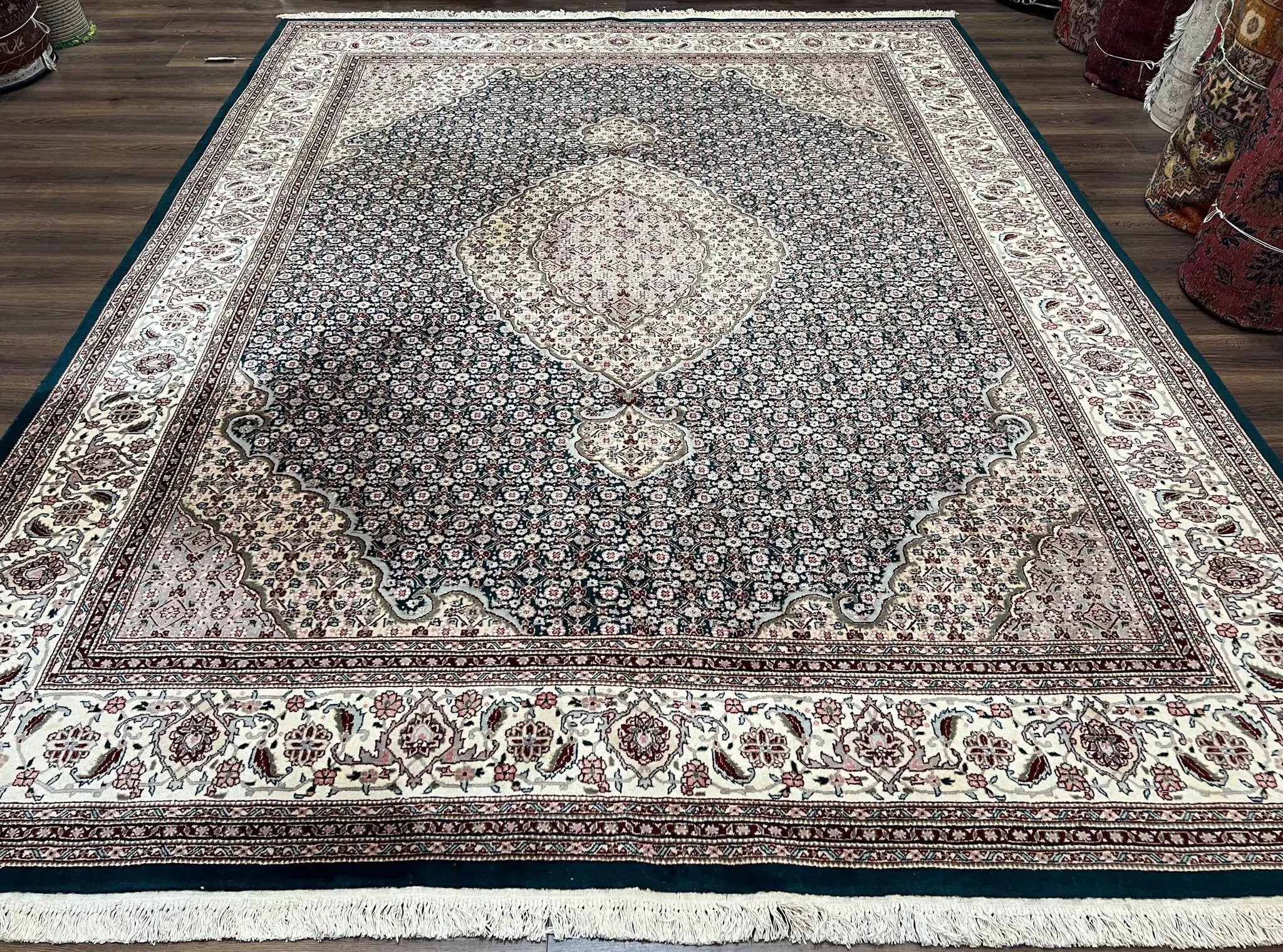 Sino Persian Rug 9x12, Dark Green and Ivory, Medallion, Mahi Herati, Elegant Oriental Carpet, Wool Hand Knotted Traditional Room Sized Rug by Jewel Rugs