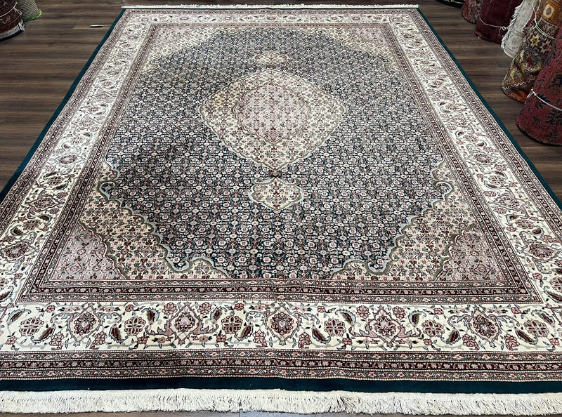 Sino Persian Rug 9x12, Dark Green and Ivory, Medallion, Mahi Herati, Elegant Oriental Carpet, Wool Hand Knotted Traditional Room Sized Rug by Jewel Rugs