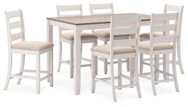 Table de salle à manger hauteur comptoir et tabourets de bar Skempton (lot de 7) - Blanc / Marron clair