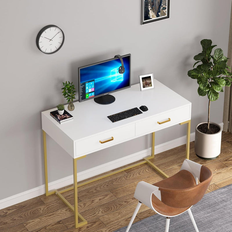 Minimalist Home Office Computer Desk With 2 Drawers, Compact Writing Table For Small Spaces - White / Gold by HouseOfZazla