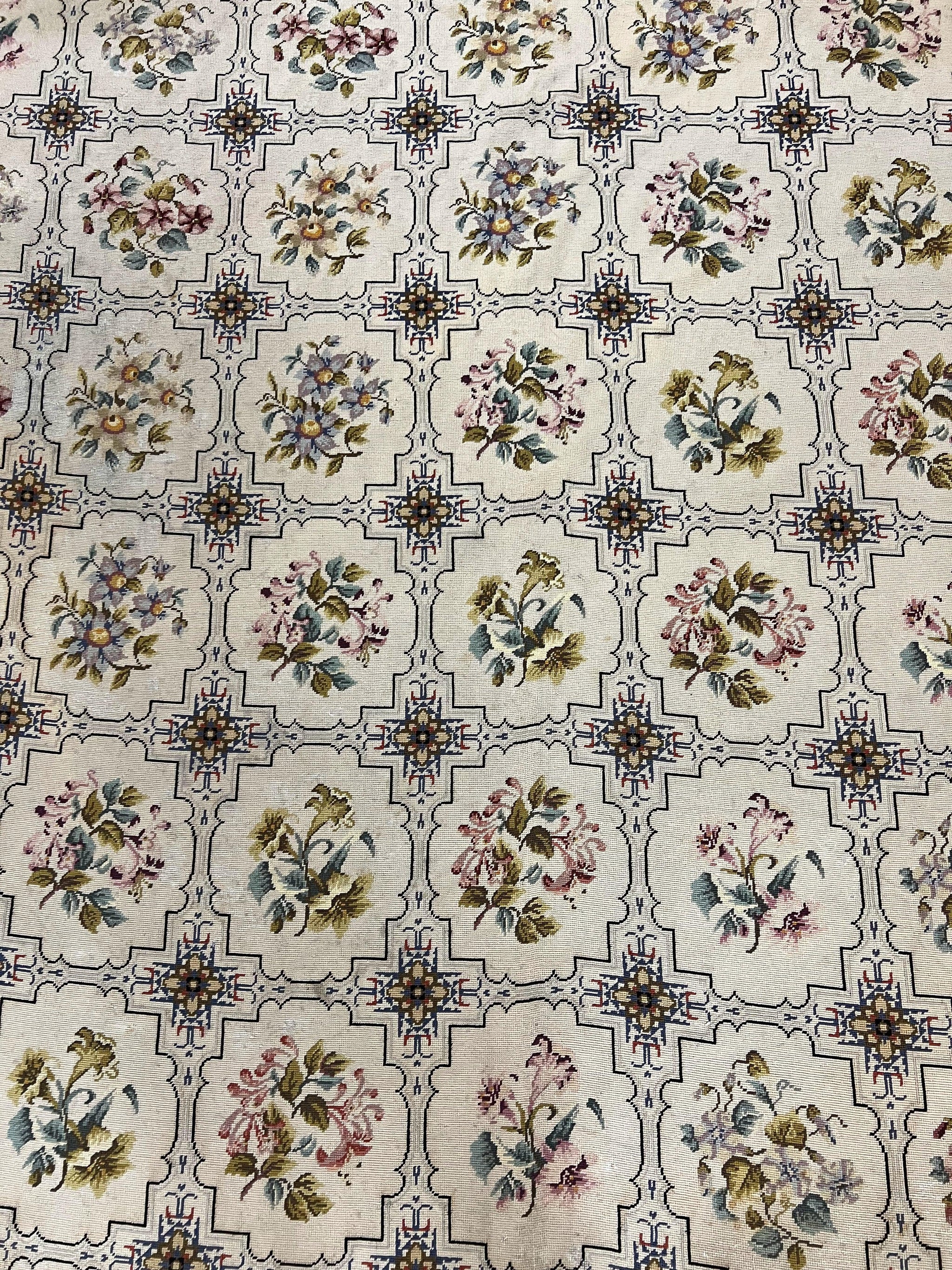 Needlepoint Rug 10x14, Wool Handmade Vintage Needlepoint Carpet, Floral Panel Design, Ivory/Cream by Jewel Rugs