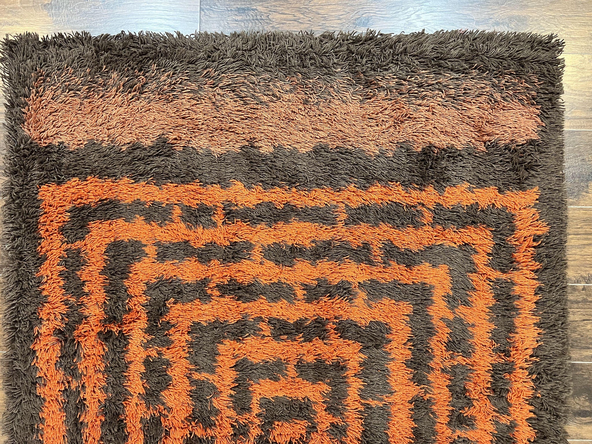 Vintage Rya Shag Rug 4.6 x 6.6, Abstract Design, Brown and Orange, Mid Century Danish Rya Carpet by Jewel Rugs