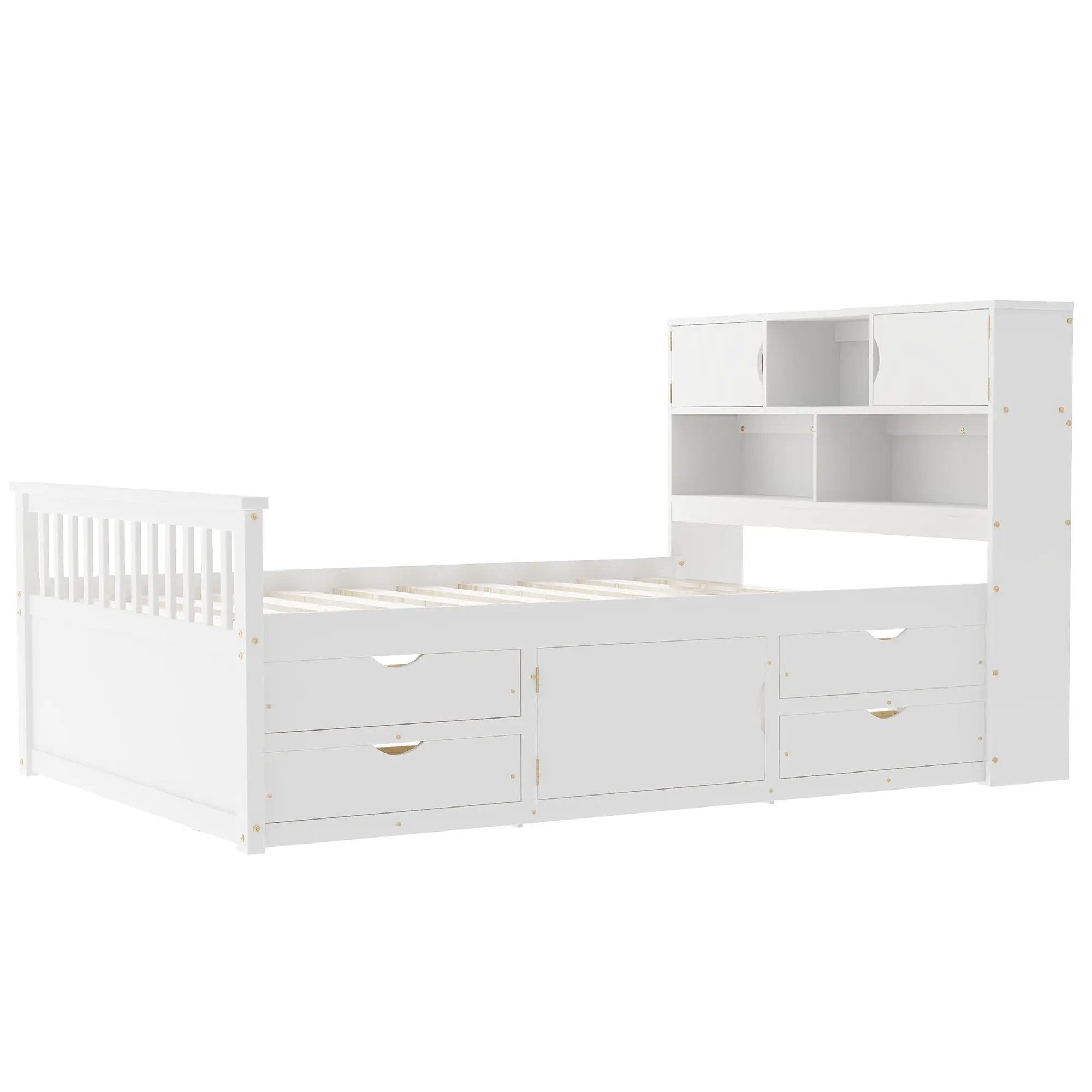 Captain Platform Bed Frame With Bookcase Headboard, 4 Drawers, Storage Shelves by Unique Piece Furniture