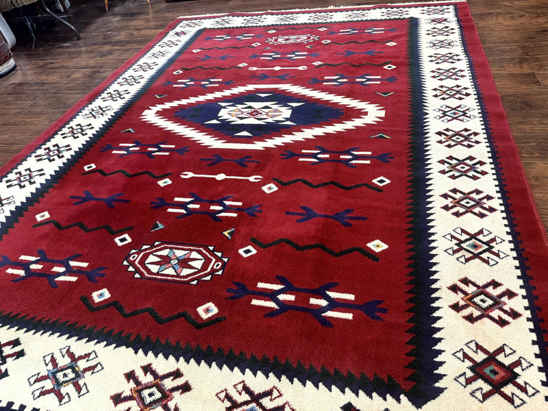 Belgium Power Loomed Rug 8x11, Navajo Native American Design, Dark Red and Ivory, Tribal Rug, Bohemian Carpet by Jewel Rugs