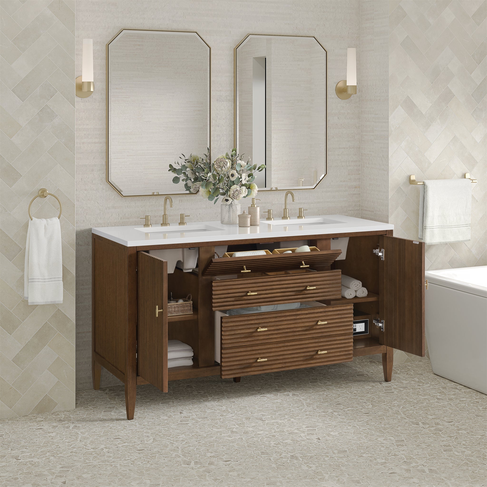 James Martin Myrrin 60" Double Bathroom Vanity, Mid-Century Walnut, view 23