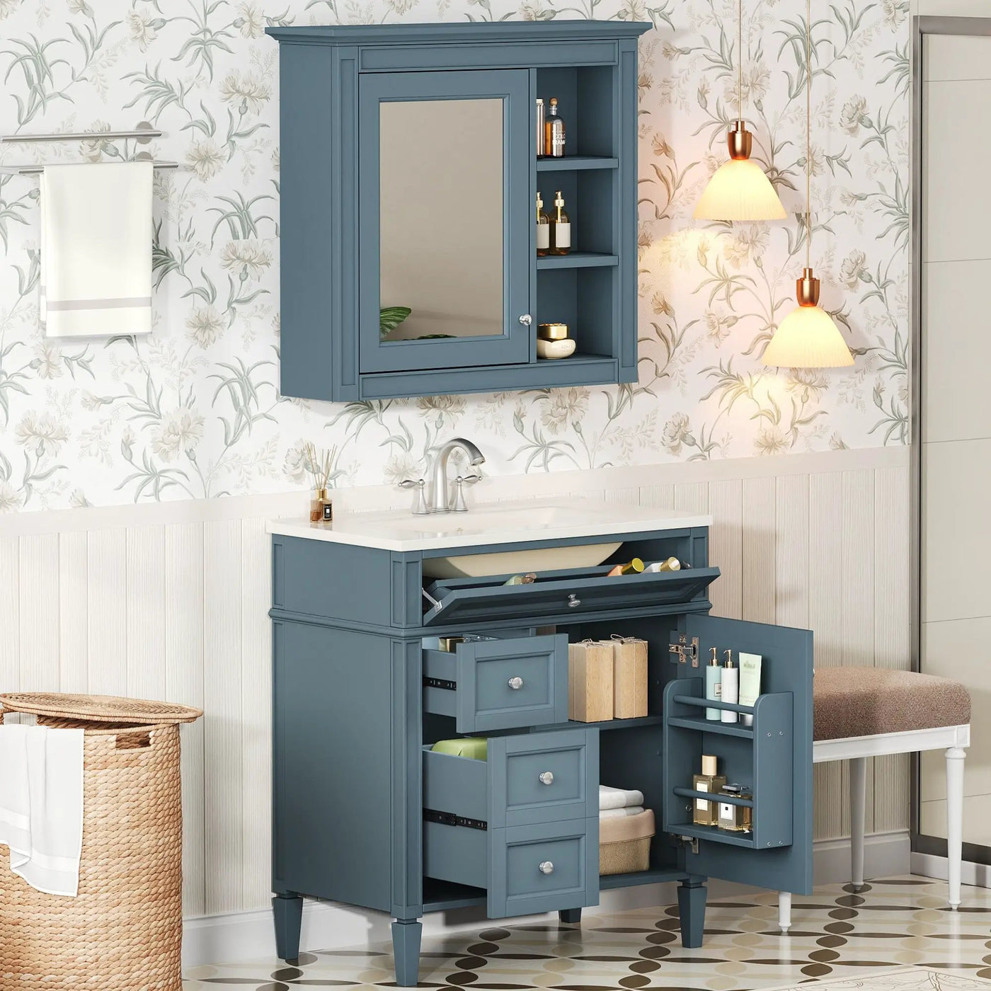 Bathroom Vanity With Medicine Cabinet, Royal Mirror Cabinet, Modern Bathroom Storage Cabinet With 2 Soft Closing Doors And 4 Drawers by Unique Piece Furniture