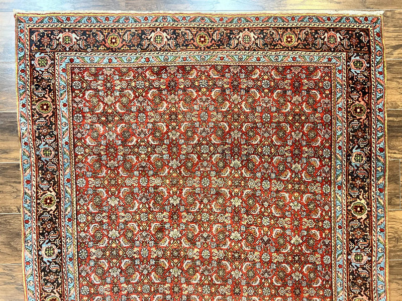 Antique Persian Bidjar Rug 5x7, Repeated Allover Herati Pattern, Red, Handmade Wool Carpet by Jewel Rugs