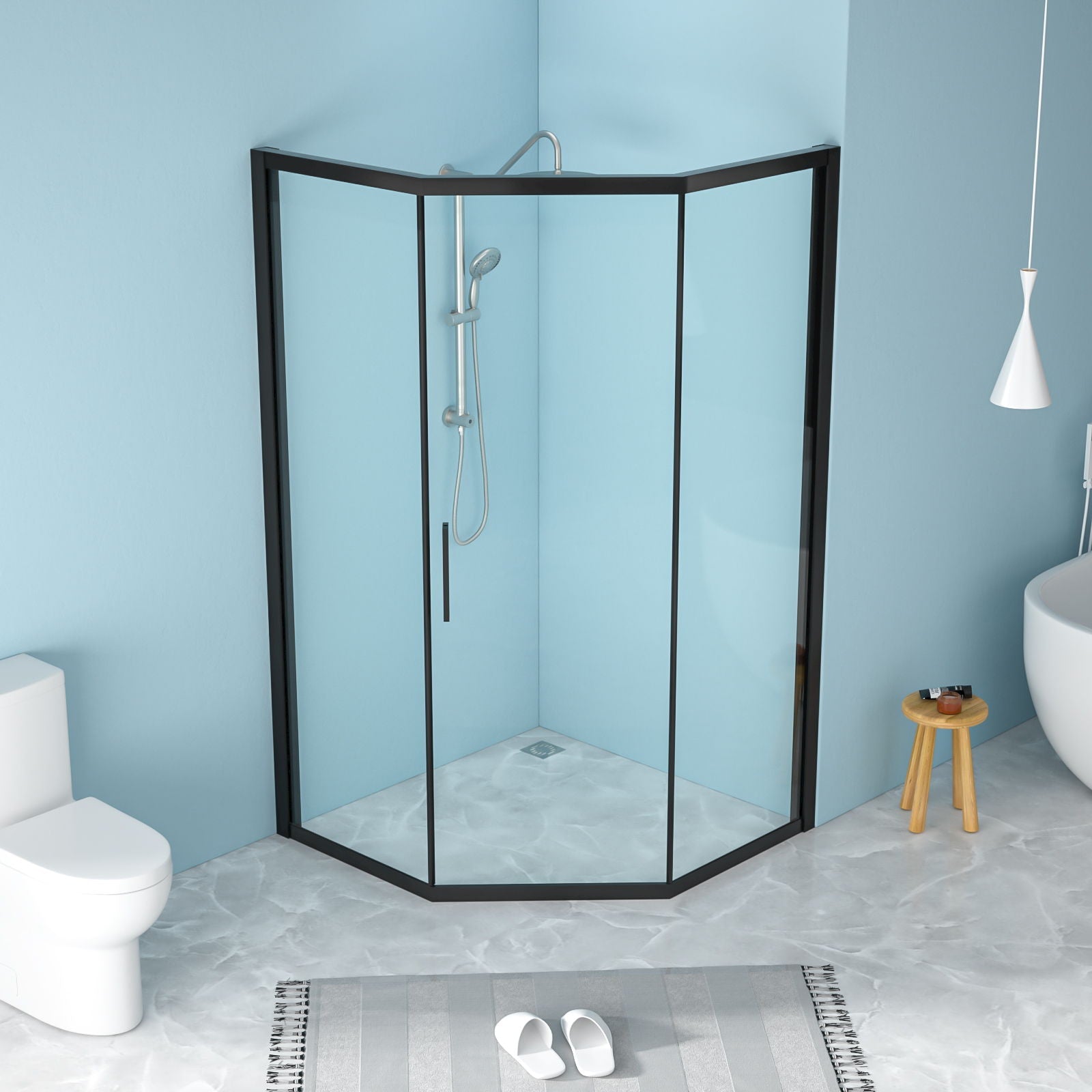 Diamond Shaped Corner Shower Door, Inward Sliding, Stainless Steel Frame by HouseOfZazla