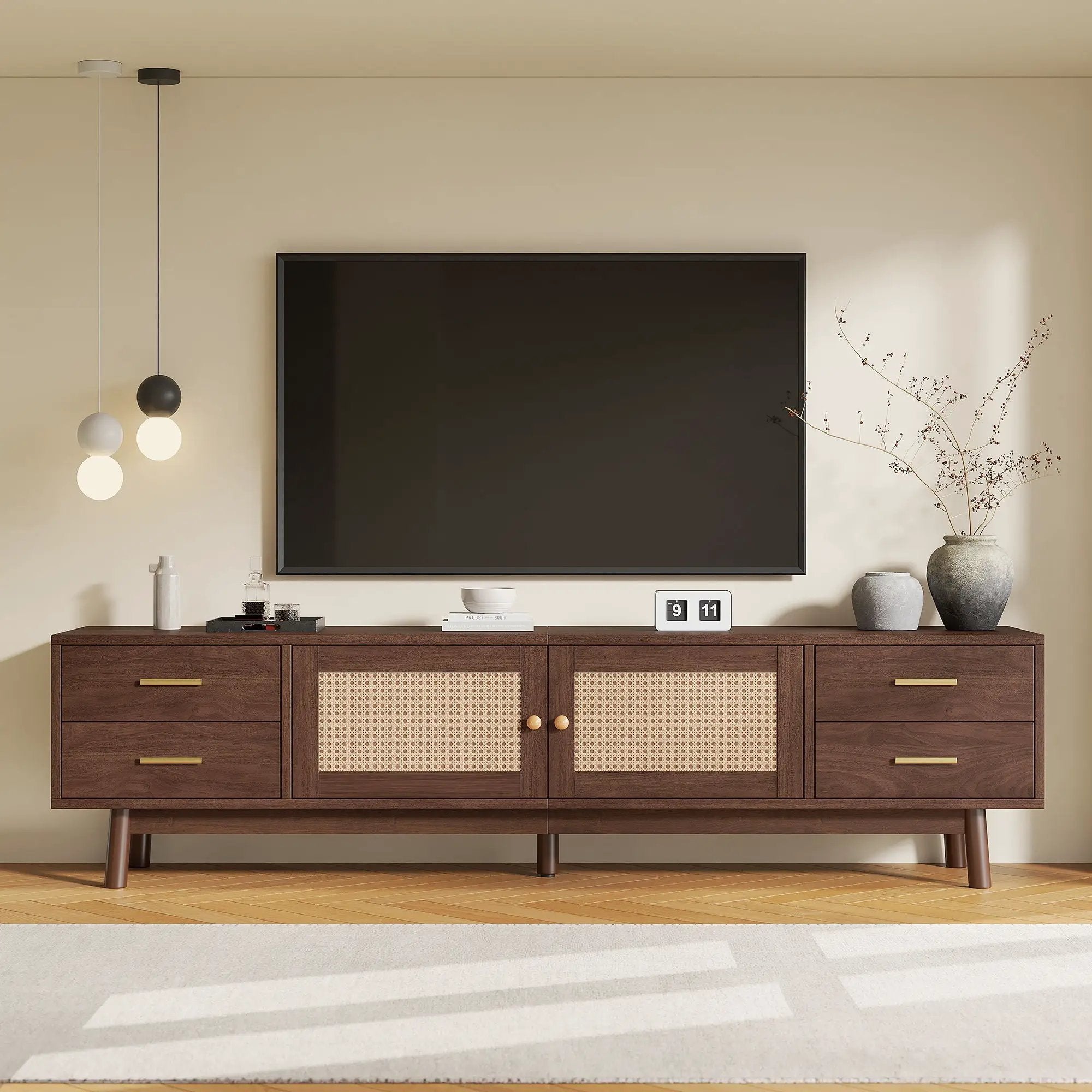 70" TV Stand With Doors For TVs Up To 80", Media Console With 4 Drawers & Cable Holes - Dark Brown by Unique Piece Furniture
