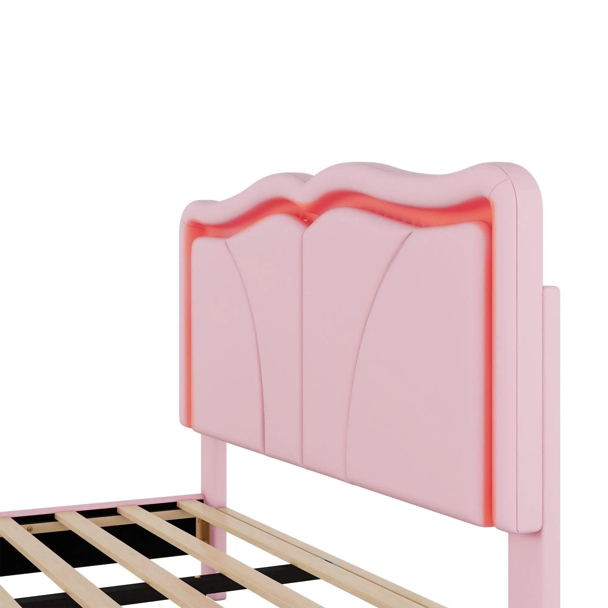 Upholstered Platform Bed & Curve Shaped And Height Adjustable Headboard, LED Light Strips by HouseOfZazla