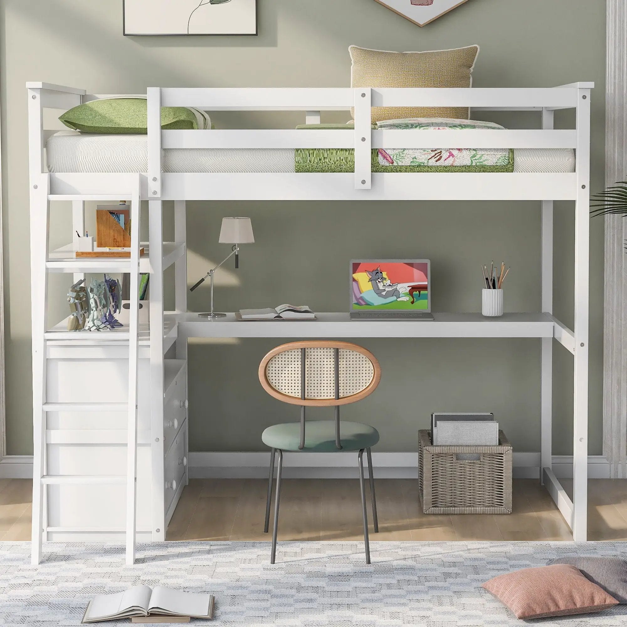 Modern Loft Bed With Built In Desk, Shelves, And 2 Drawers by HouseOfZazla