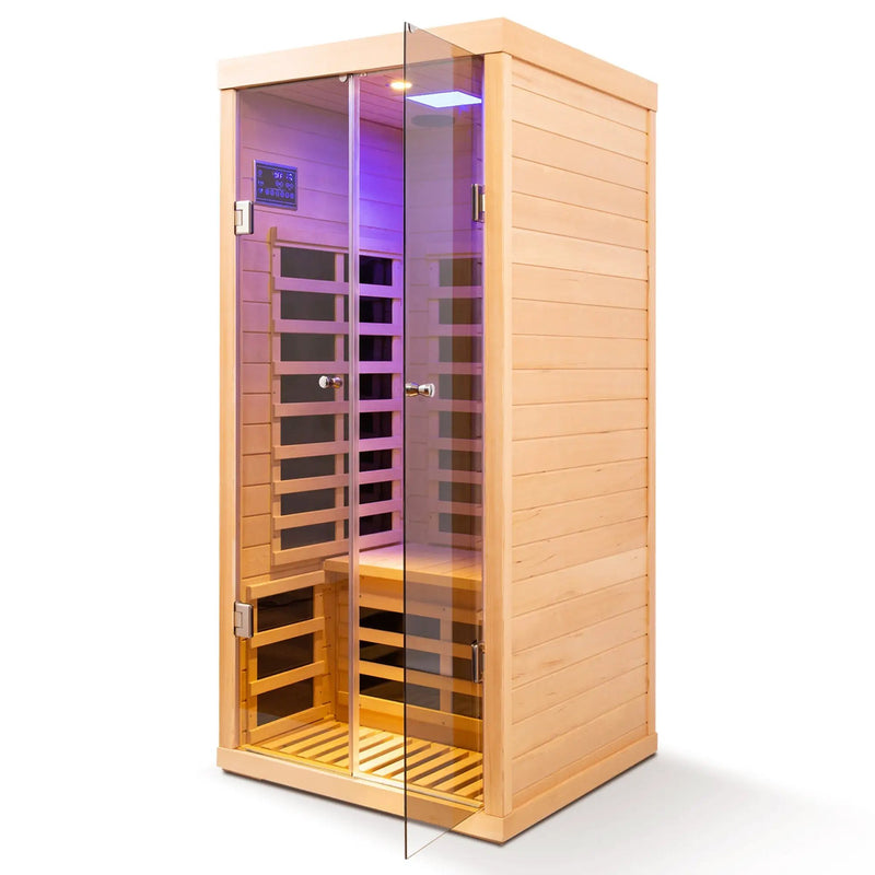 Luxury Indoor Low EMF Far Infrared Sauna Room with Hemlock Wood and Glass Double Doors by HouseOfZazla