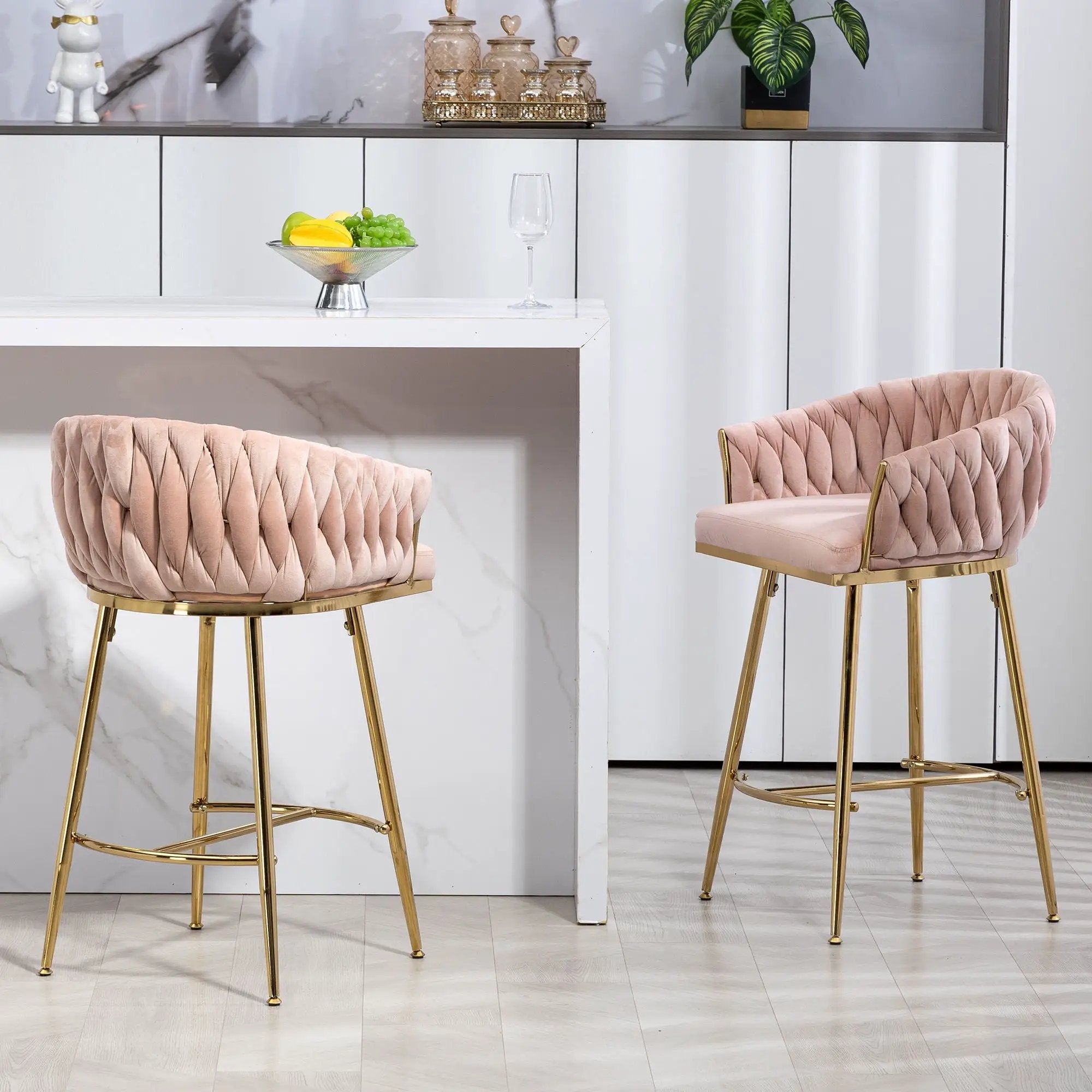 Counter Height Bar Stools Kitchen Island Counter Bar Stool With Hand - Wave Back, Golden Chromed Base And Footrest (Set of 2) - Pink by Unique Piece Furniture
