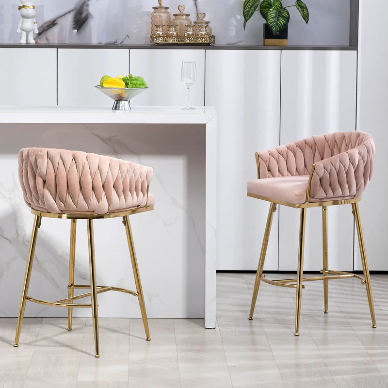Counter Height Bar Stools Kitchen Island Counter Bar Stool With Hand - Wave Back, Golden Chromed Base And Footrest (Set of 2) - Pink by Unique Piece Furniture