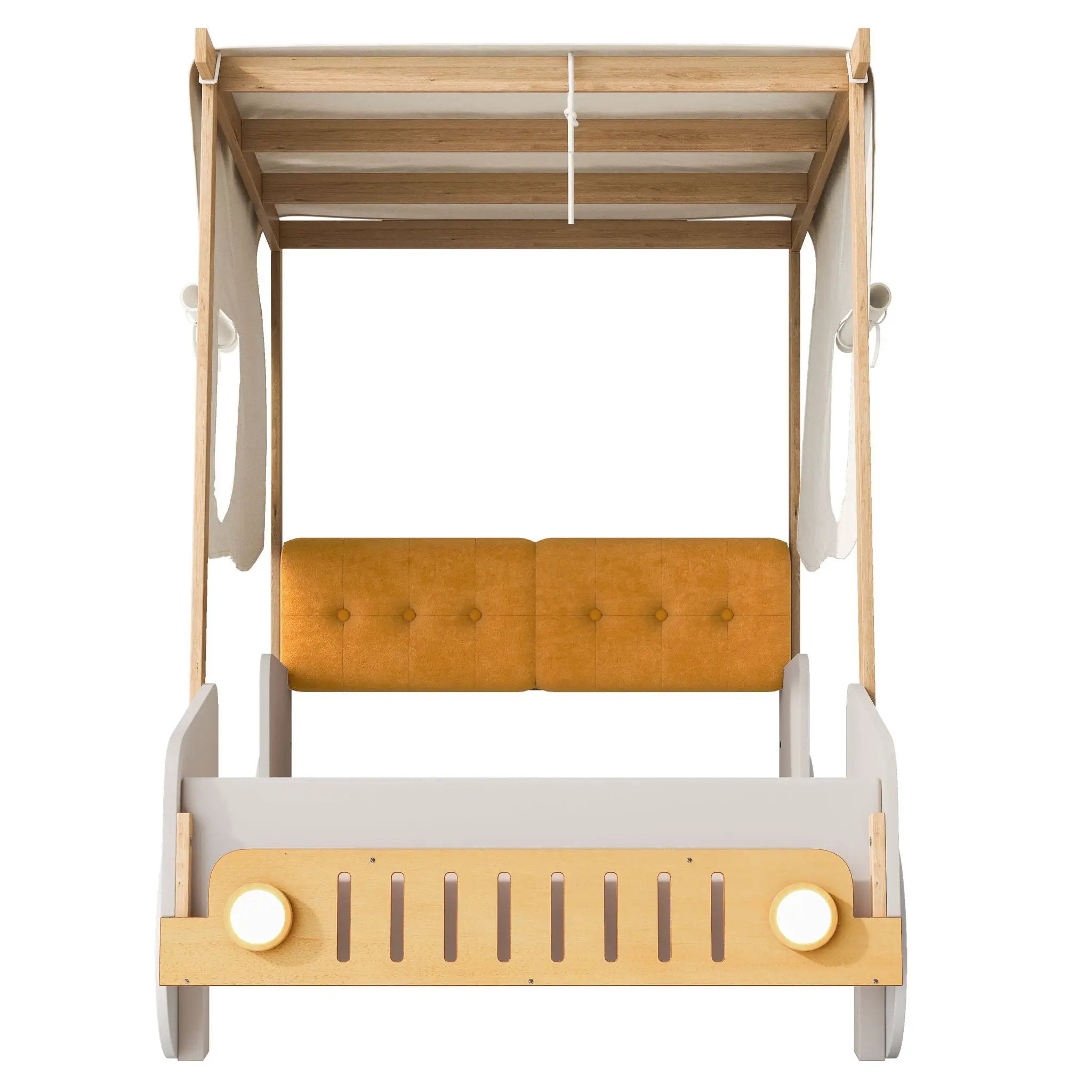 Twin Size Car Bed With Pillow, Ceiling Cloth And LED - Natural by Unique Piece Furniture
