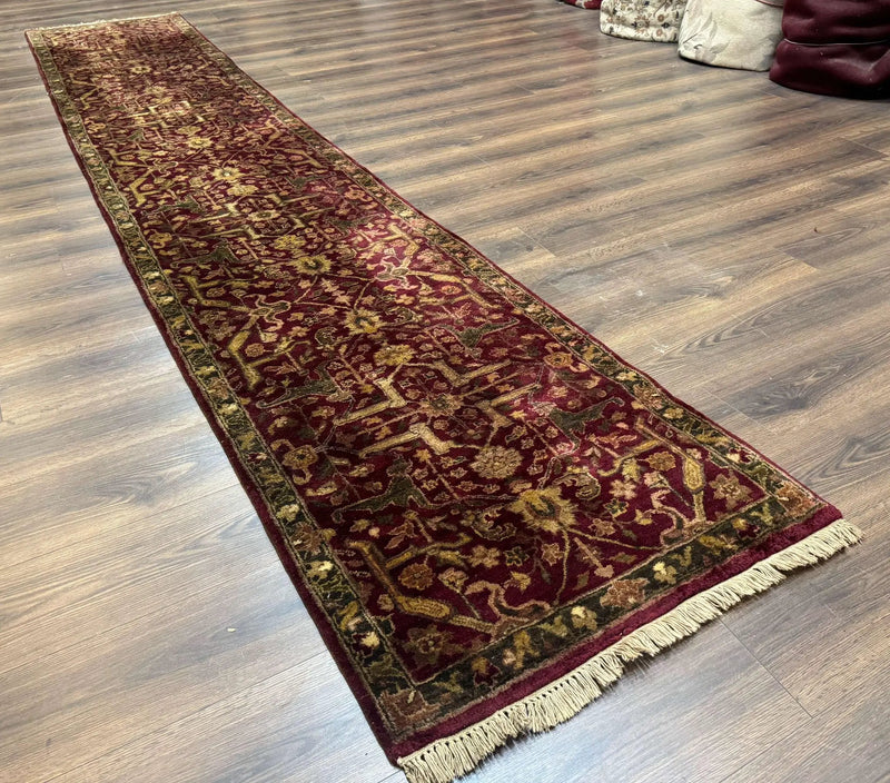 Indo Persian Runner Rug 2.7 x 13.8, Maroon, Wool, Handmade Indian Rug for Hallway by Jewel Rugs