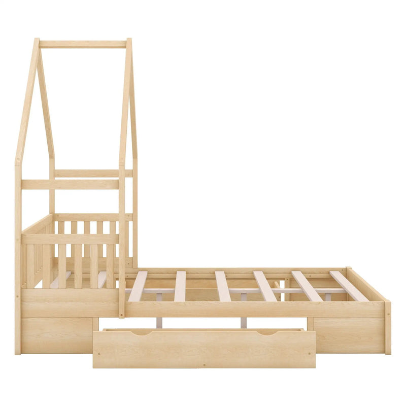 House Style Platform Bed With Guardrail And 2 Drawers by HouseOfZazla