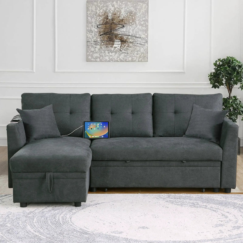 Sectional Sofa Bed L Shaped Sofa Couch Bed With USB Port, Reversible Chaise With Storage by Unique Piece Furniture