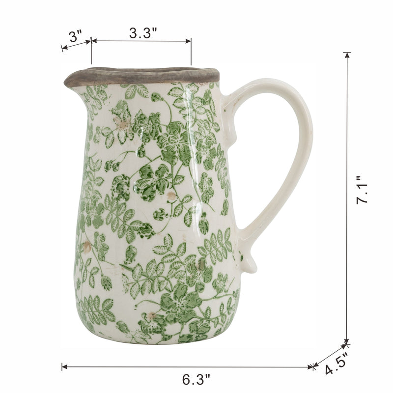 6.3x4.5x7.1' White Ceramic Pitcher Vase with Green Floral Pattern by HouseOfZazla