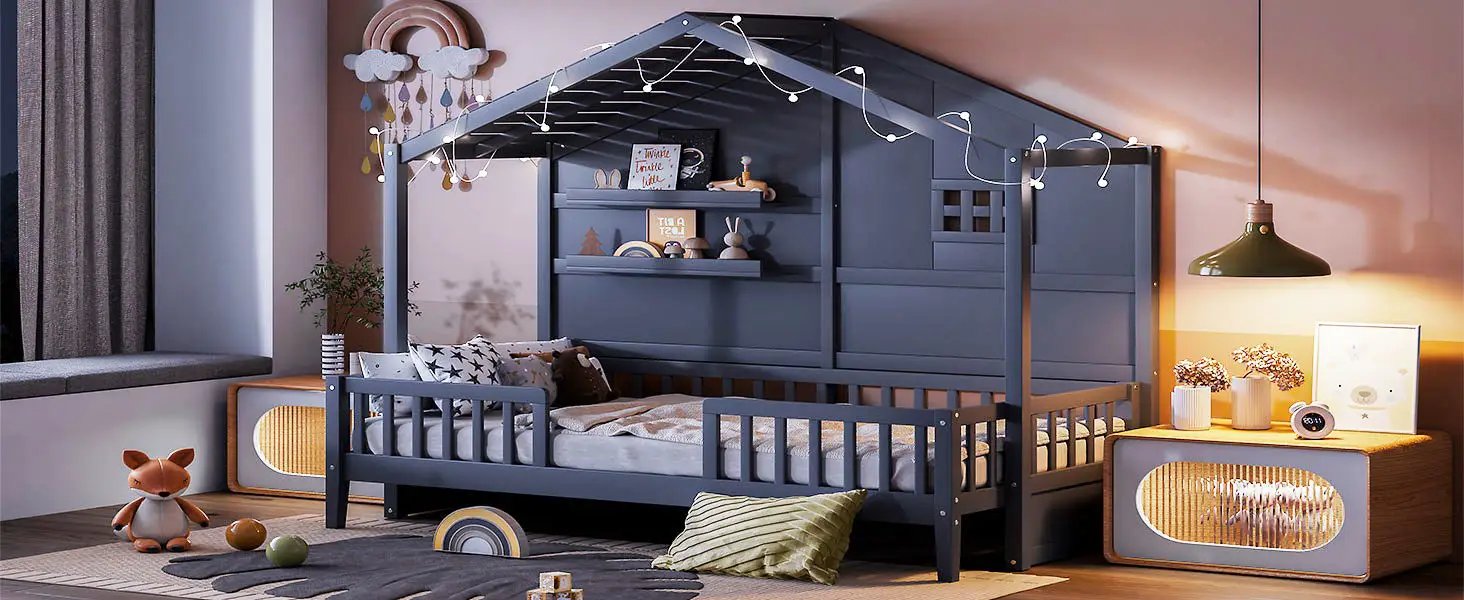 House Bed With Shelves, Window And Sparkling Light Strip On The Roof by HouseOfZazla