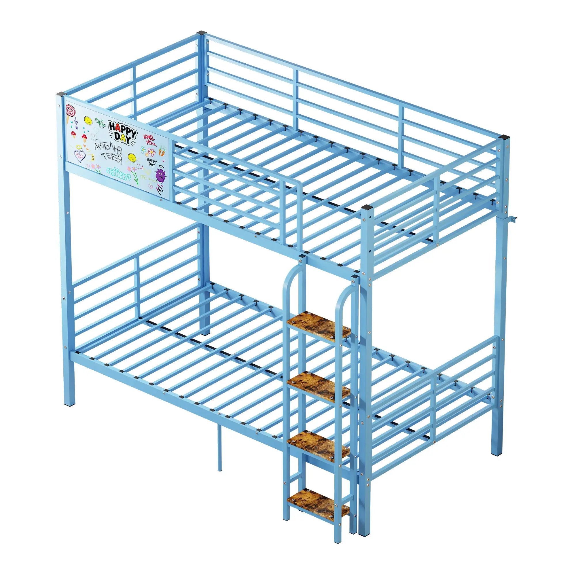 Bunk Bed, Convertible To 2 Separate Twin Size Beds & Full Length Guardrail & Ladder, No Box Spring Needed - Blue by HouseOfZazla