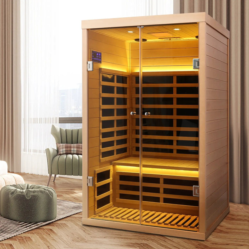 Luxury Indoor Hemlock Infrared Sauna Room with Double Doors and Glass for Two Persons by HouseOfZazla