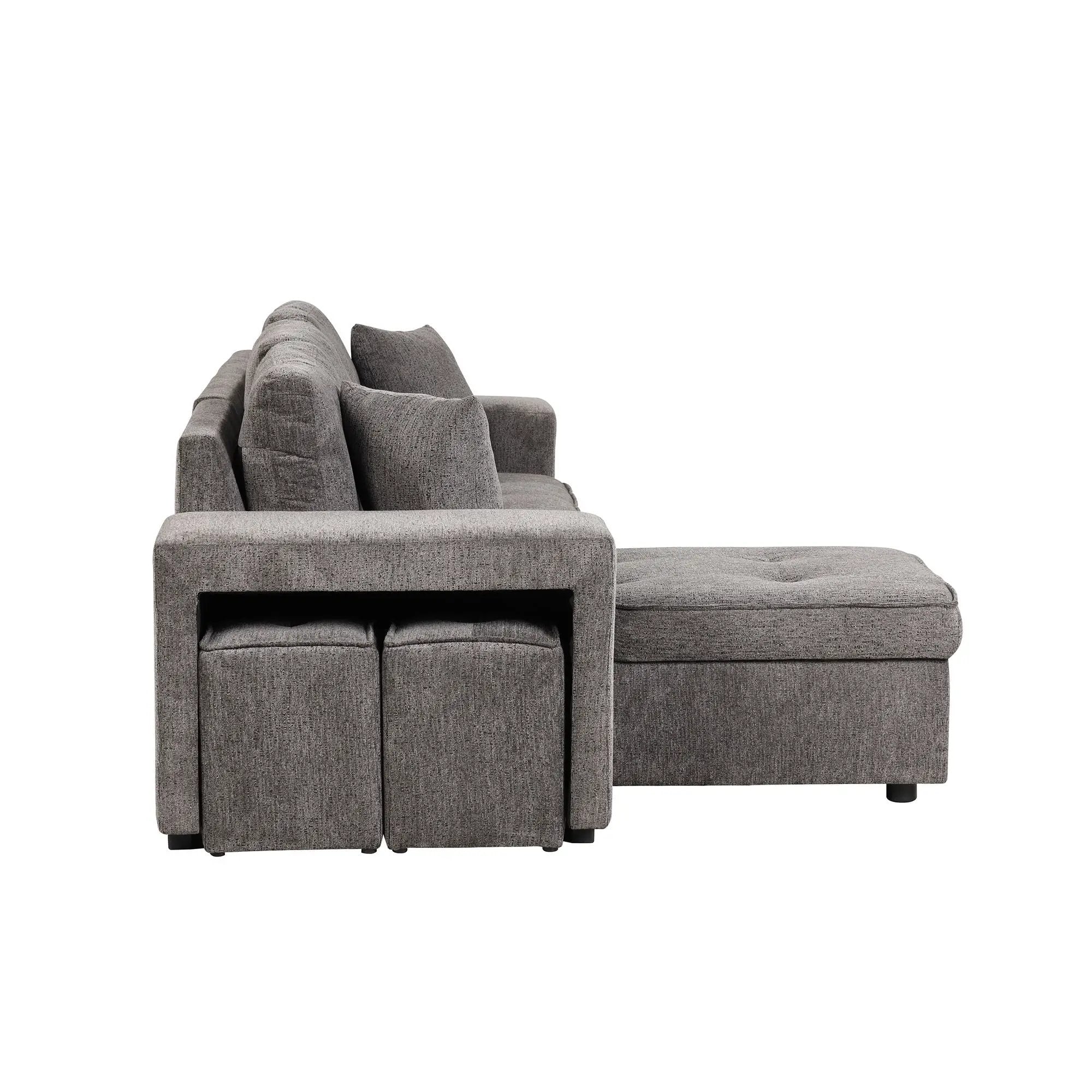 Modern L-Shape 3 Seat Reversible Sectional Couch, Pull Out Sleeper Sofa With Storage Chaise And 2 Stools For Living Room Furniture Set by HouseOfZazla