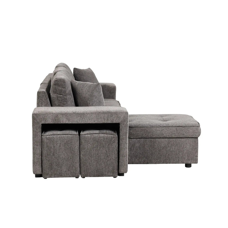 Modern L-Shape 3 Seat Reversible Sectional Couch, Pull Out Sleeper Sofa With Storage Chaise And 2 Stools For Living Room Furniture Set by HouseOfZazla